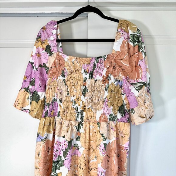 Square Neck Shirred Smocked Peach and Pink Floral Midi Dress 2XL - Picture 3 of 7